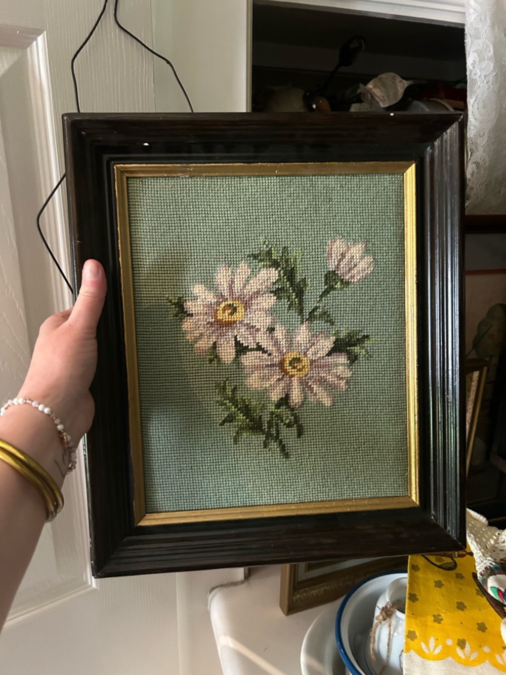 Framed Needlepoint Floral Artwork - White Daisies on Green